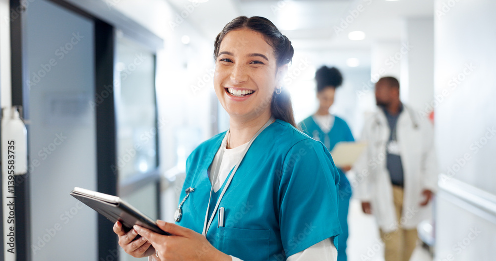 Laugh, tablet and face of nurse in hospital for telehealth, medical service and research in clinic. Healthcare, wellness and portrait of woman on digital tech for online diagnosis, report or schedule